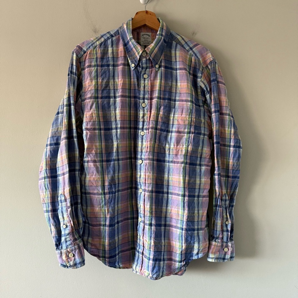 Brooks Brothers Regent Fit Shirt Mens Large Baird McNutt Irish Linen Plaid Prep